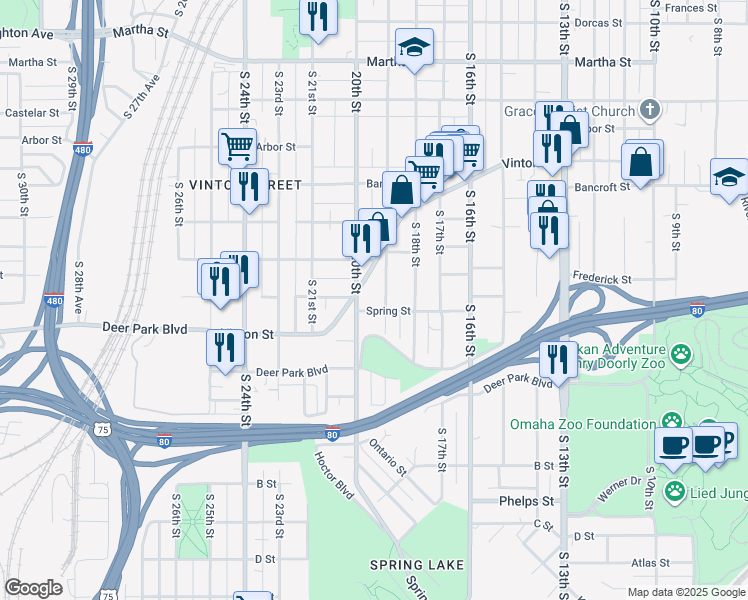 map of restaurants, bars, coffee shops, grocery stores, and more near 1908 Spring Street in Omaha