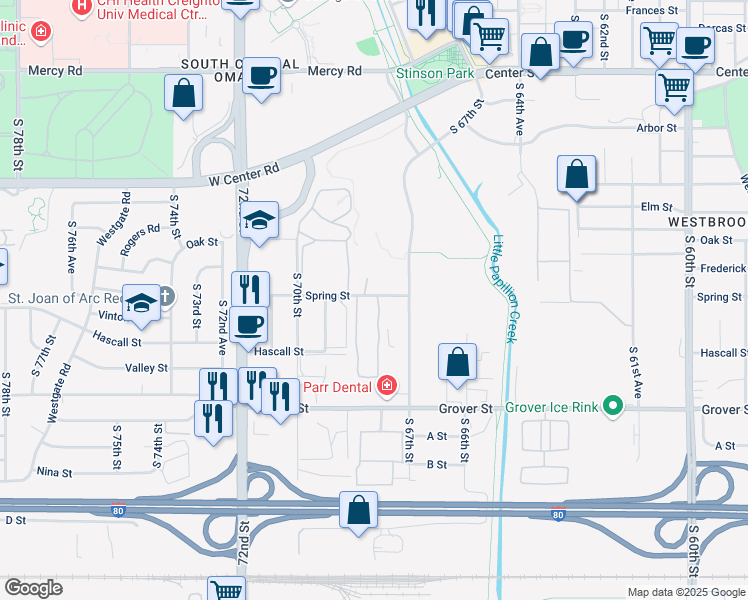 map of restaurants, bars, coffee shops, grocery stores, and more near 3112 Spring Street in Omaha
