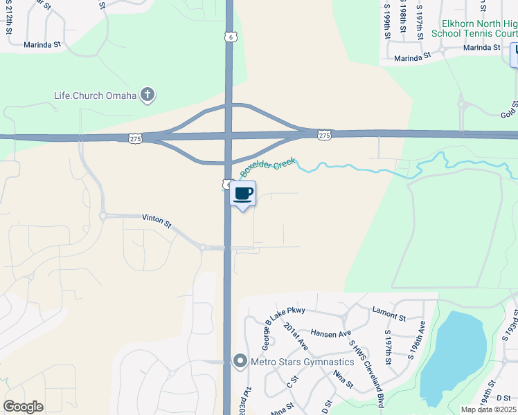 map of restaurants, bars, coffee shops, grocery stores, and more near 3010 South 202nd Court in Omaha