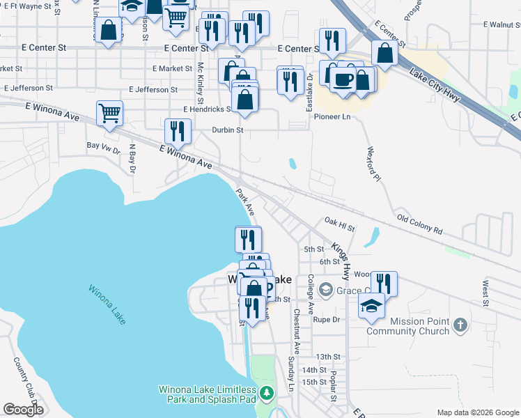 map of restaurants, bars, coffee shops, grocery stores, and more near 700-716 Park Avenue in Winona Lake