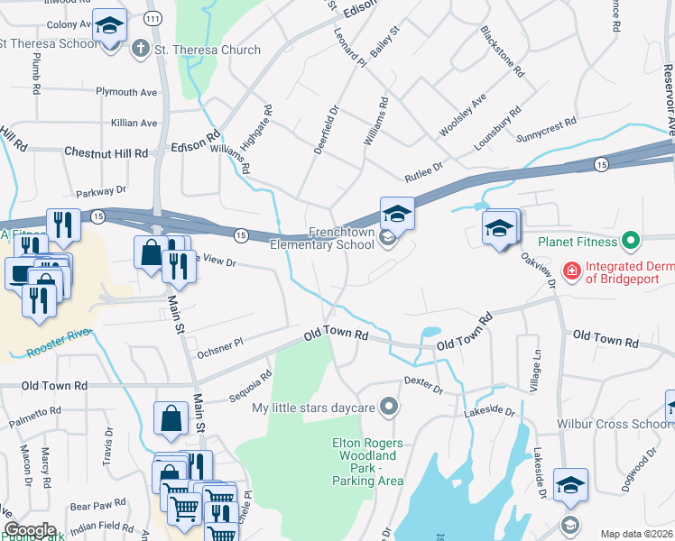 map of restaurants, bars, coffee shops, grocery stores, and more near 31 Frenchtown Road in Trumbull