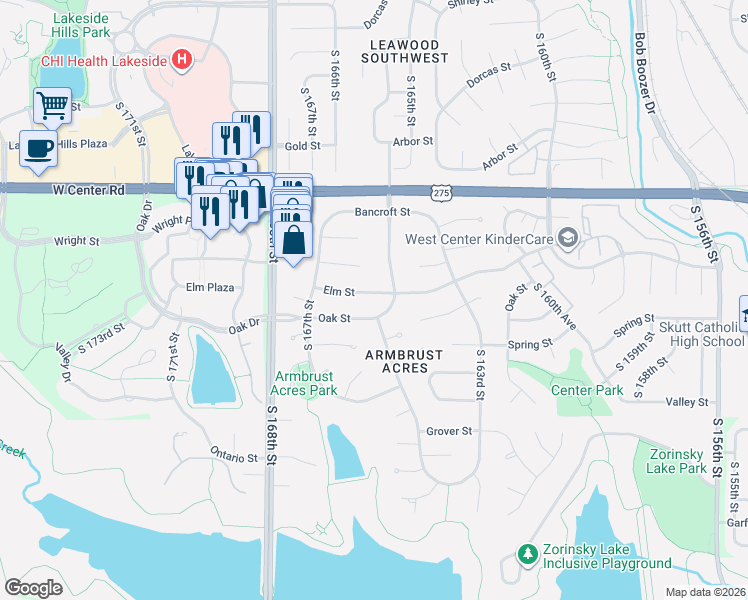 map of restaurants, bars, coffee shops, grocery stores, and more near 16557 Elm Street in Omaha