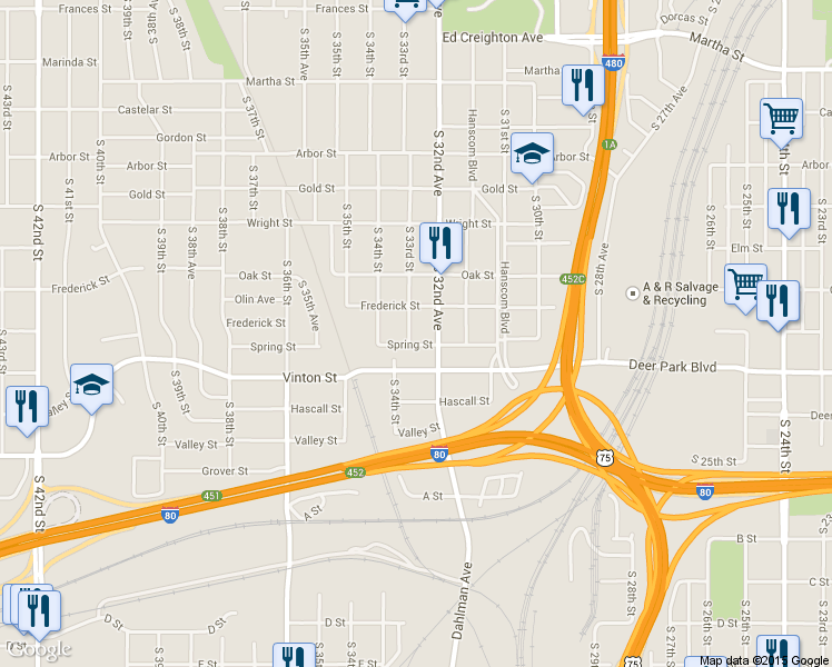 map of restaurants, bars, coffee shops, grocery stores, and more near 3075 South 33rd Street in Omaha