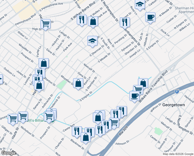 map of restaurants, bars, coffee shops, grocery stores, and more near 252 South Sheridan Street in Wilkes-Barre
