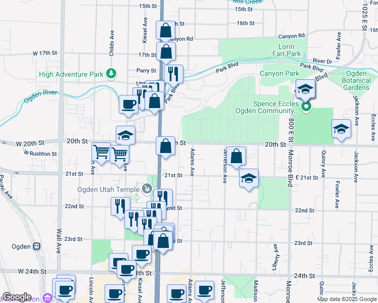 map of restaurants, bars, coffee shops, grocery stores, and more near 2019 Adams Avenue in Ogden