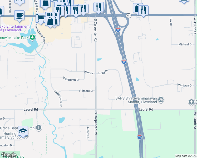map of restaurants, bars, coffee shops, grocery stores, and more near 1657 Carpenter Road South in Brunswick