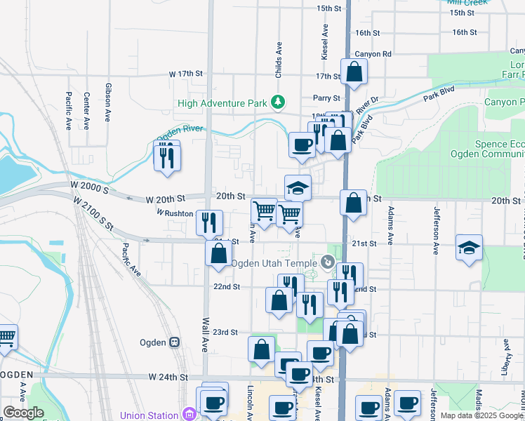 map of restaurants, bars, coffee shops, grocery stores, and more near 2030 Lincoln Avenue in Ogden