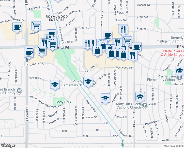 map of restaurants, bars, coffee shops, grocery stores, and more near 12434 Westwood Lane in Omaha