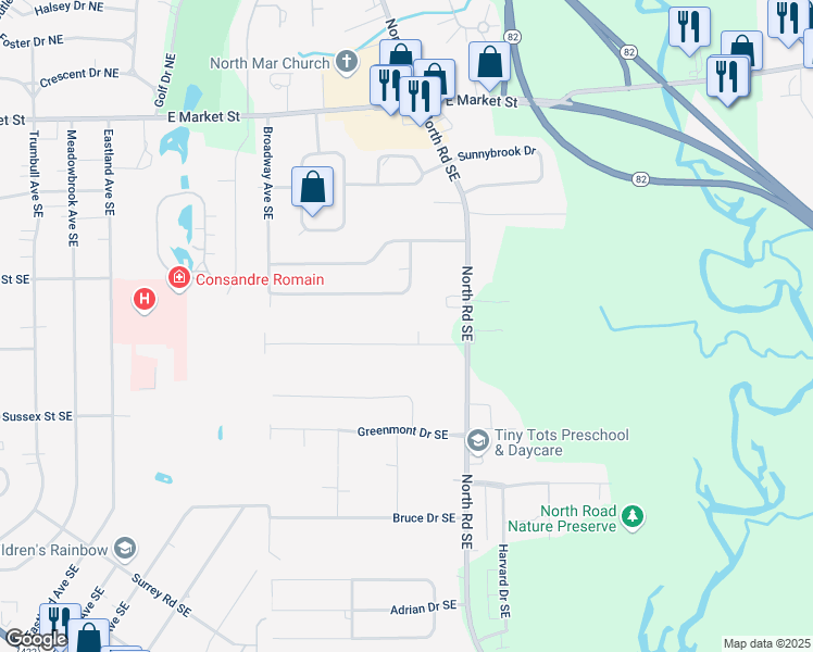 map of restaurants, bars, coffee shops, grocery stores, and more near 4063 Devon Street Southeast in Warren