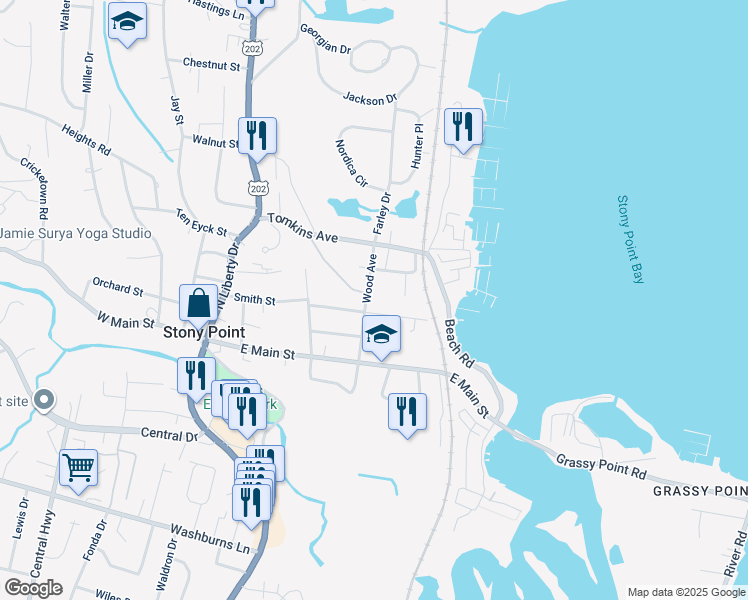 map of restaurants, bars, coffee shops, grocery stores, and more near 18 Wood Avenue in Stony Point