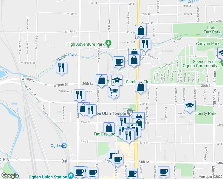 map of restaurants, bars, coffee shops, grocery stores, and more near 2033 Grant Avenue in Ogden