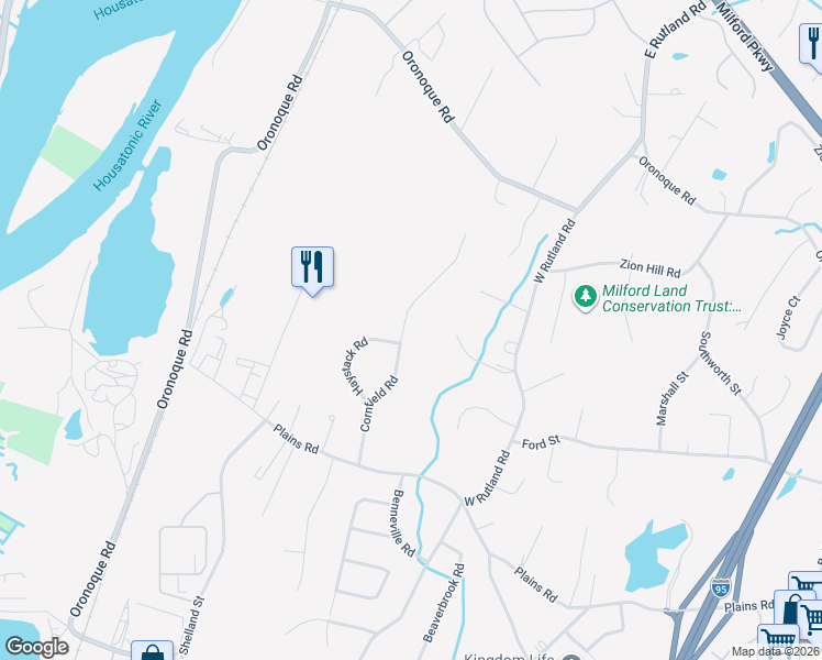map of restaurants, bars, coffee shops, grocery stores, and more near 122 Cornfield Road in Milford