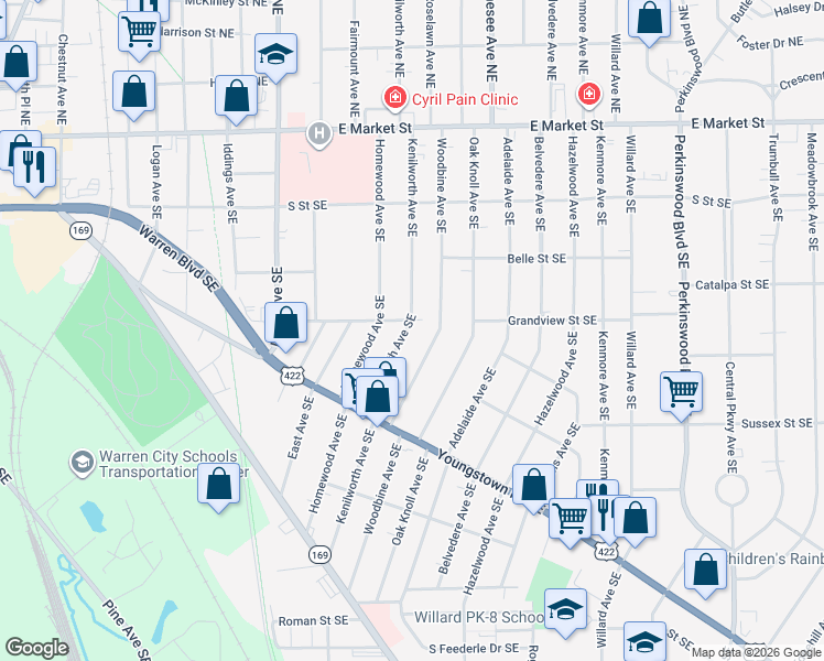 map of restaurants, bars, coffee shops, grocery stores, and more near 717 Kenilworth Avenue Southeast in Warren