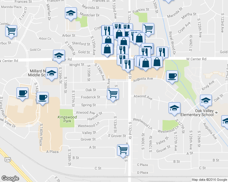 map of restaurants, bars, coffee shops, grocery stores, and more near 3042 South 134th Street in Omaha