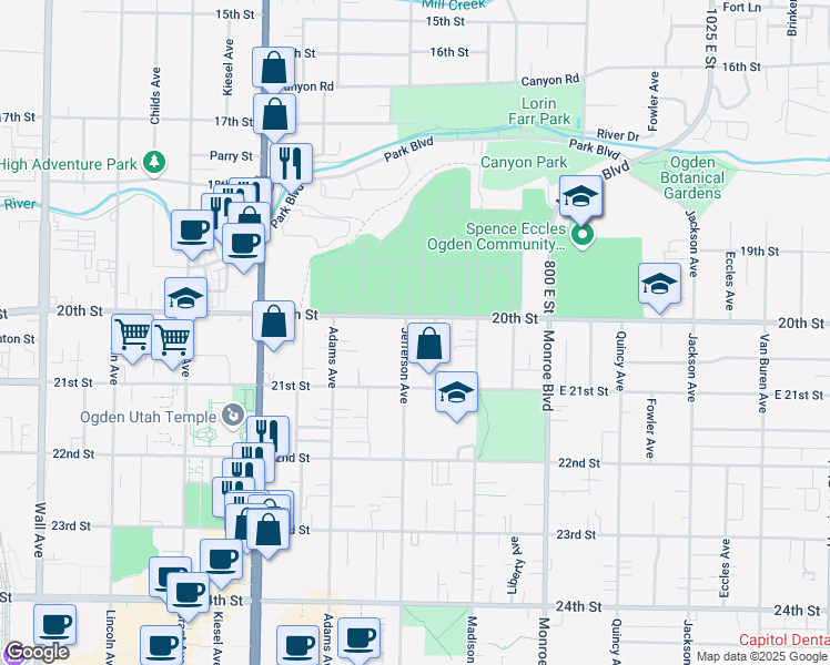 map of restaurants, bars, coffee shops, grocery stores, and more near 2022 Jefferson Avenue in Ogden