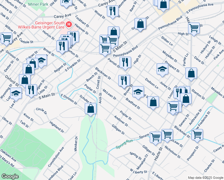 map of restaurants, bars, coffee shops, grocery stores, and more near 90 McLean Street in Wilkes-Barre