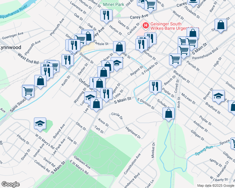 map of restaurants, bars, coffee shops, grocery stores, and more near 17-19 Little Street in Wilkes-Barre