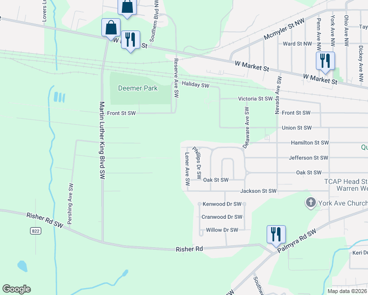 map of restaurants, bars, coffee shops, grocery stores, and more near 2717 Hamilton Street Southwest in Warren