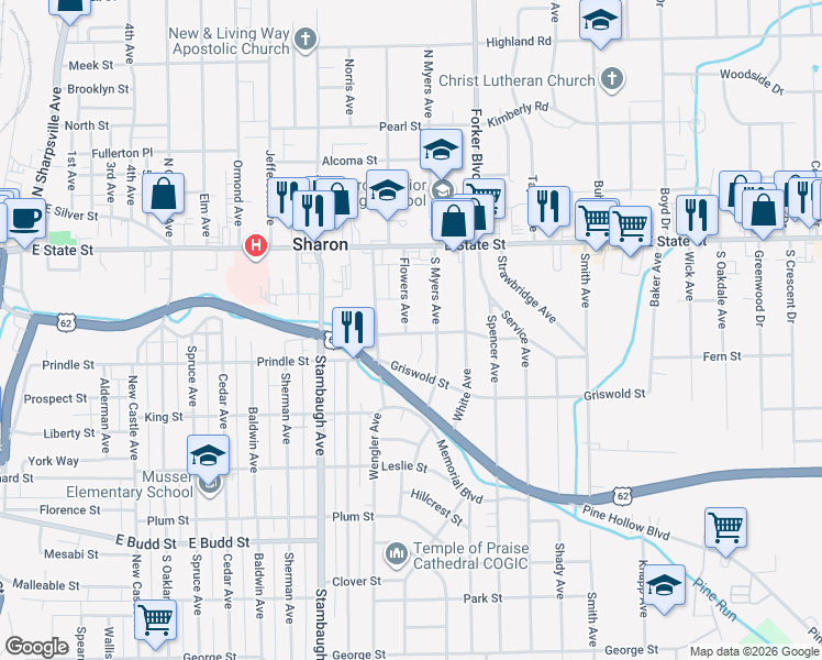 map of restaurants, bars, coffee shops, grocery stores, and more near 173 Flowers Avenue in Sharon
