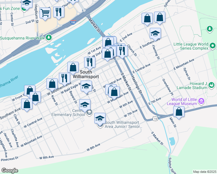 map of restaurants, bars, coffee shops, grocery stores, and more near 201-299 W Central Ave in South Williamsport