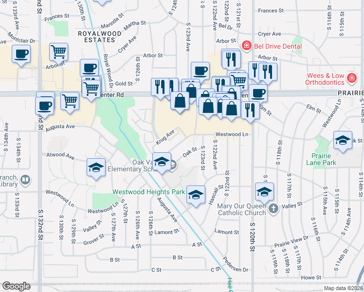map of restaurants, bars, coffee shops, grocery stores, and more near 12320 Oak Street in Omaha