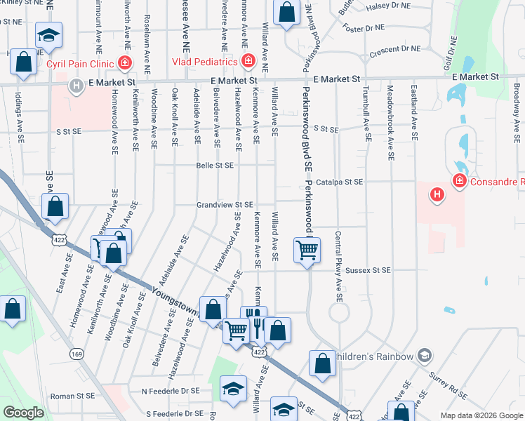 map of restaurants, bars, coffee shops, grocery stores, and more near 715 Kenmore Avenue Southeast in Warren