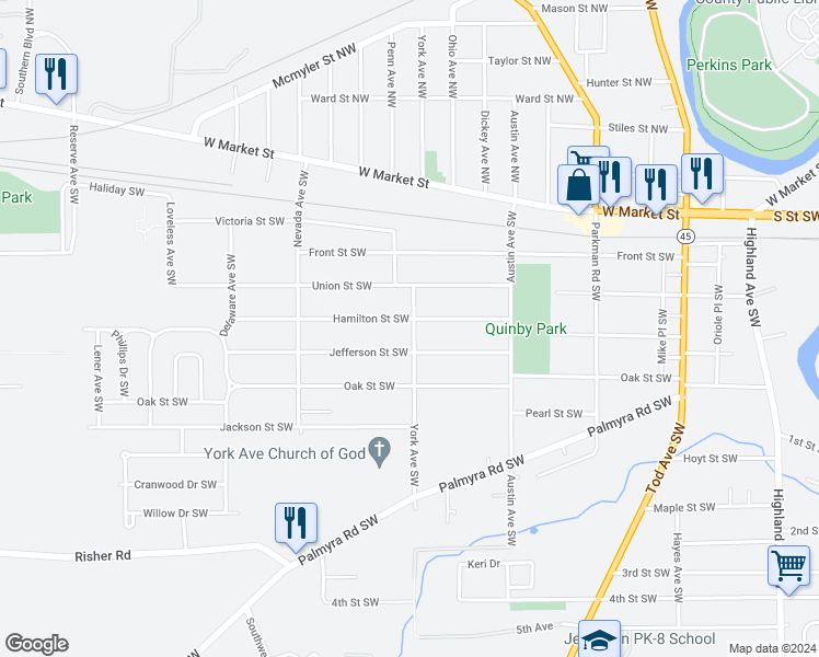 map of restaurants, bars, coffee shops, grocery stores, and more near 1605 Hamilton Street Southwest in Warren