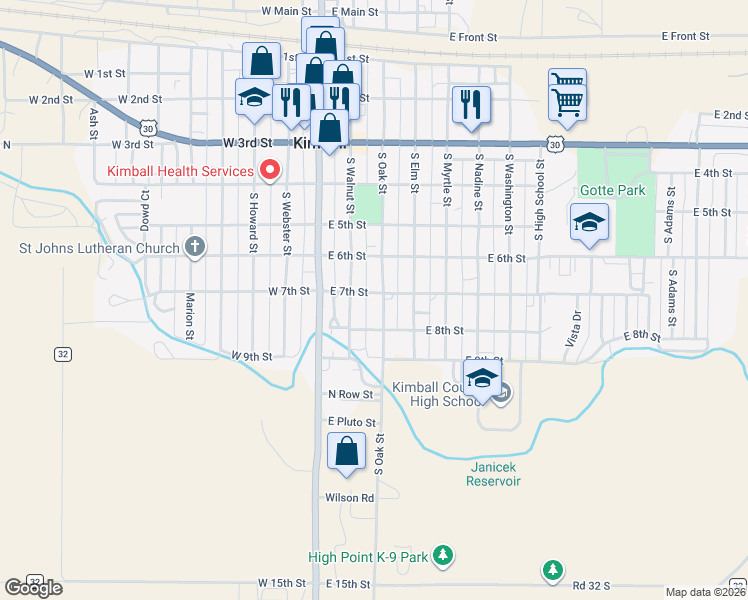 map of restaurants, bars, coffee shops, grocery stores, and more near 700 South Oak Street in Kimball