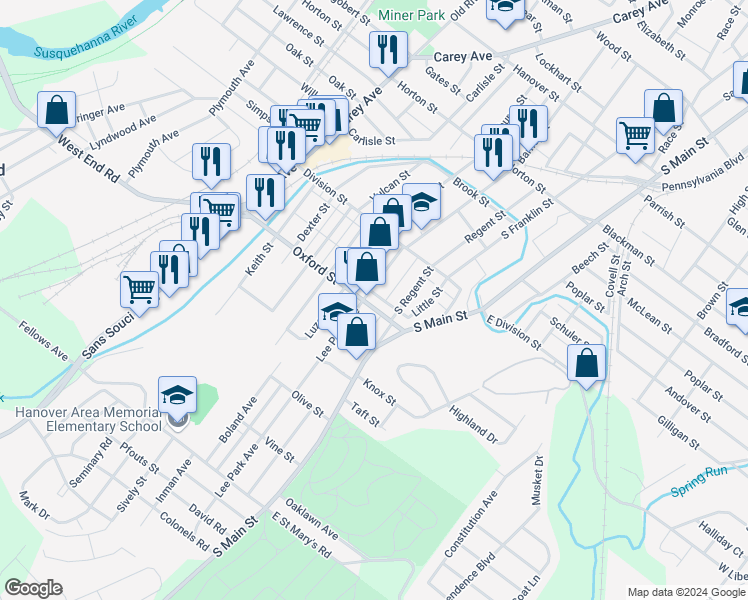 map of restaurants, bars, coffee shops, grocery stores, and more near 32 Oxford Street in Ashley