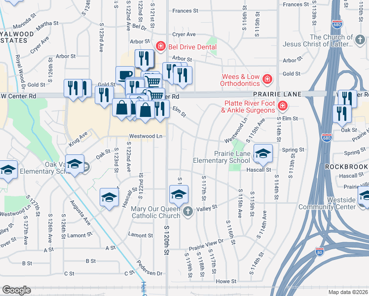map of restaurants, bars, coffee shops, grocery stores, and more near 3035 South 119th Street in Omaha