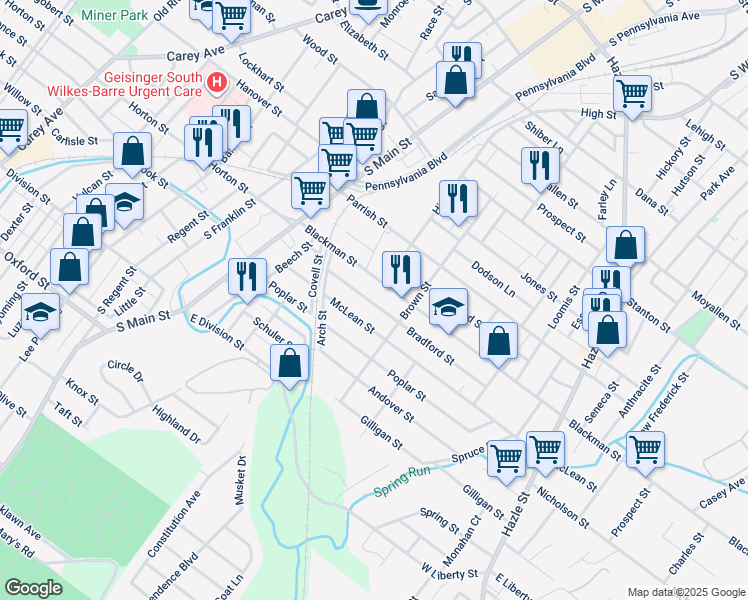 map of restaurants, bars, coffee shops, grocery stores, and more near 66 Bradford Street in Wilkes-Barre