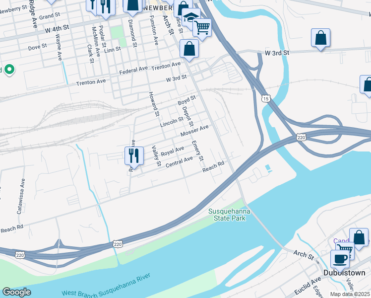 map of restaurants, bars, coffee shops, grocery stores, and more near 2157 Royal Avenue in Williamsport