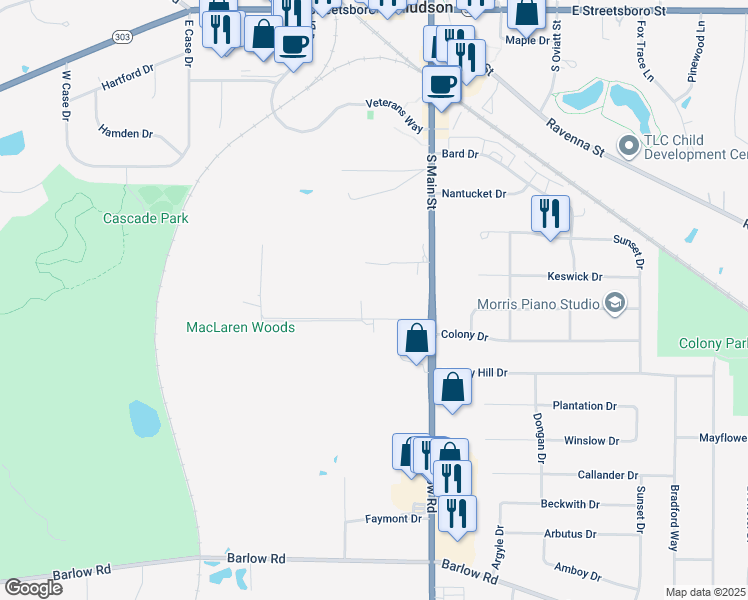 map of restaurants, bars, coffee shops, grocery stores, and more near 25 John Clark Lane in Hudson