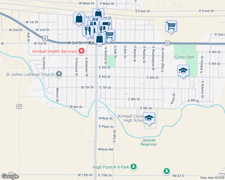 map of restaurants, bars, coffee shops, grocery stores, and more near 700-798 South Oak Street in Kimball