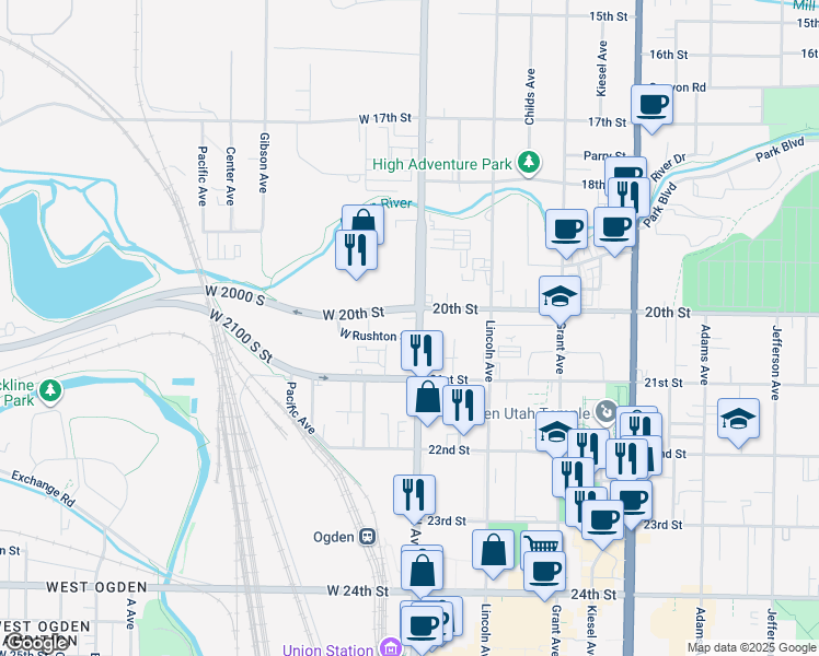 map of restaurants, bars, coffee shops, grocery stores, and more near 112 West Rushton Street in Ogden