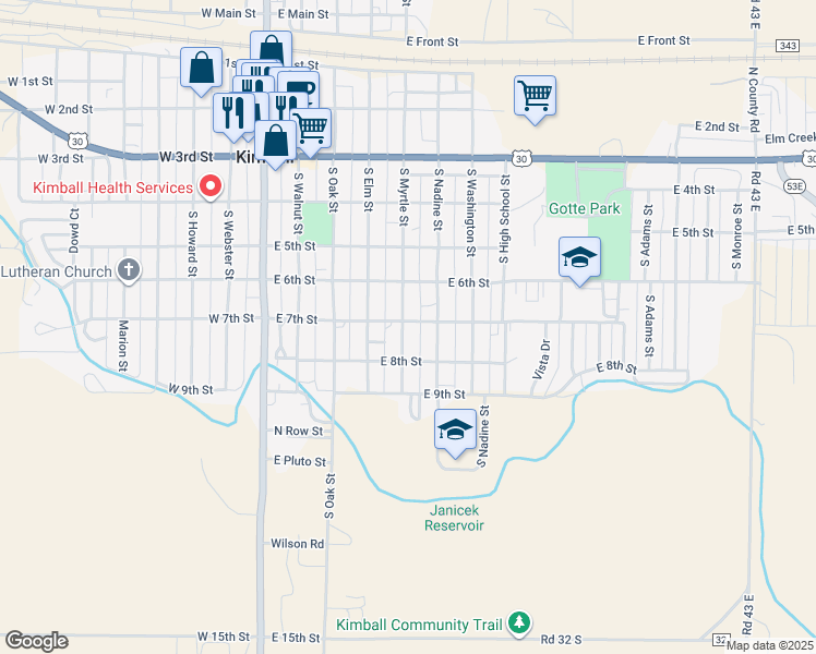 map of restaurants, bars, coffee shops, grocery stores, and more near 701 South Myrtle Street in Kimball