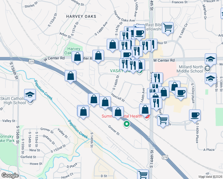 map of restaurants, bars, coffee shops, grocery stores, and more near 3023 South 146th Street in Omaha
