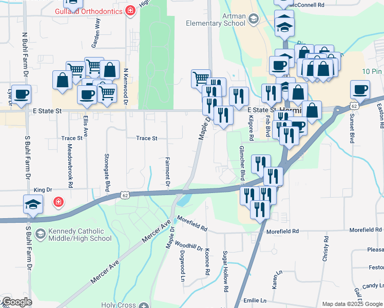 map of restaurants, bars, coffee shops, grocery stores, and more near 190 Maple Drive in Hermitage