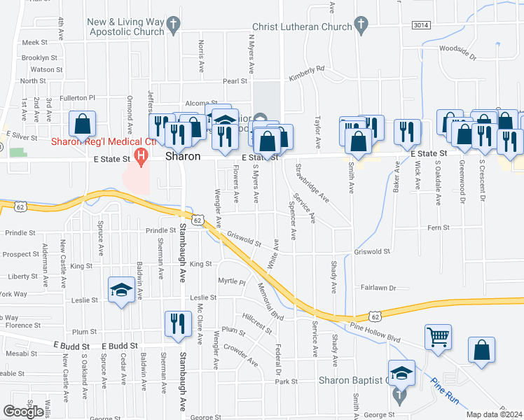 map of restaurants, bars, coffee shops, grocery stores, and more near 169 South Myers Avenue in Sharon