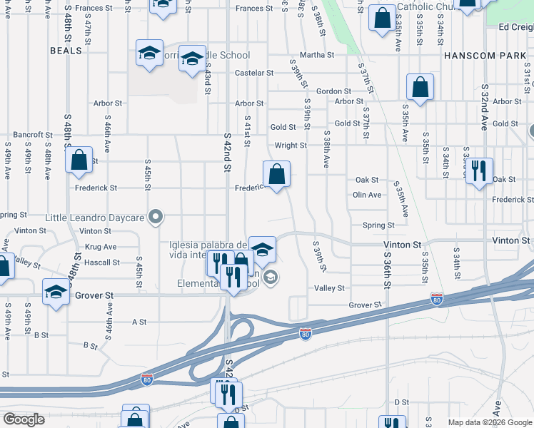 map of restaurants, bars, coffee shops, grocery stores, and more near 4018 Spring Circle in Omaha