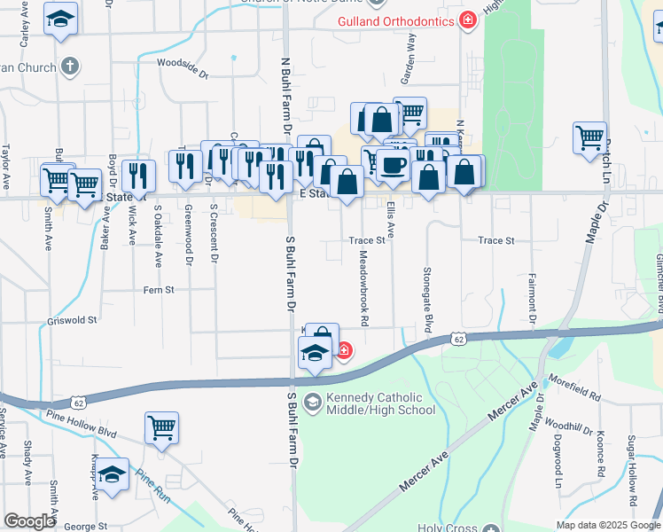 map of restaurants, bars, coffee shops, grocery stores, and more near 270 Concord Road in Hermitage