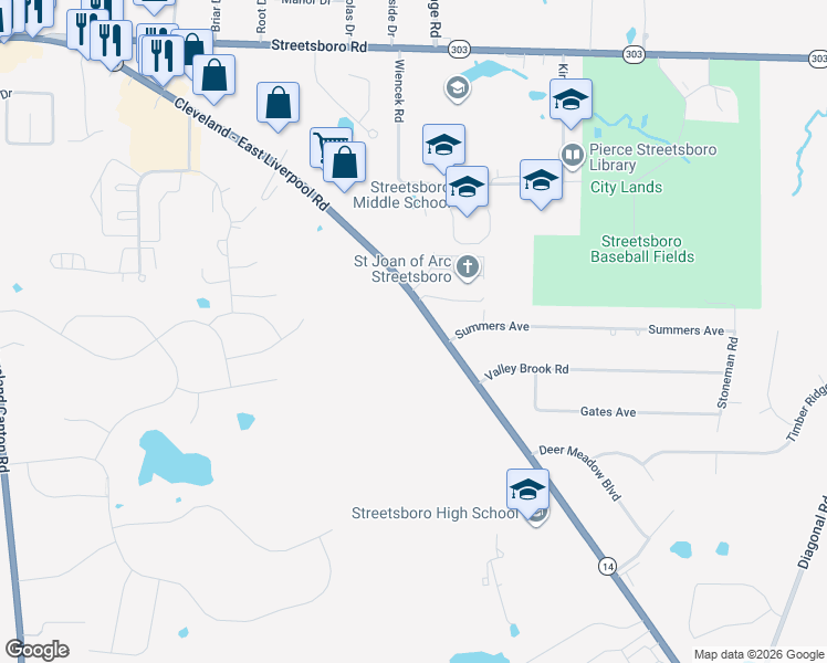 map of restaurants, bars, coffee shops, grocery stores, and more near 8828 Cleveland - East Liverpool Road in Streetsboro