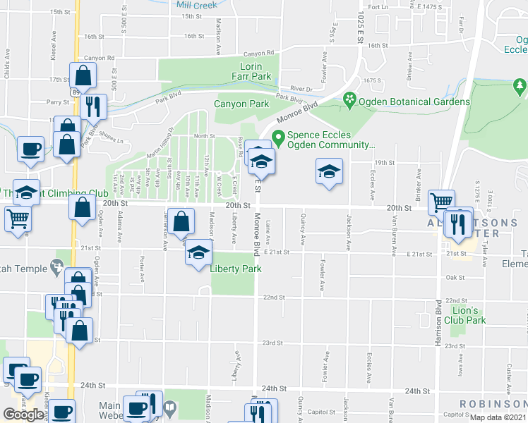 map of restaurants, bars, coffee shops, grocery stores, and more near 2010 Monroe Boulevard in Ogden