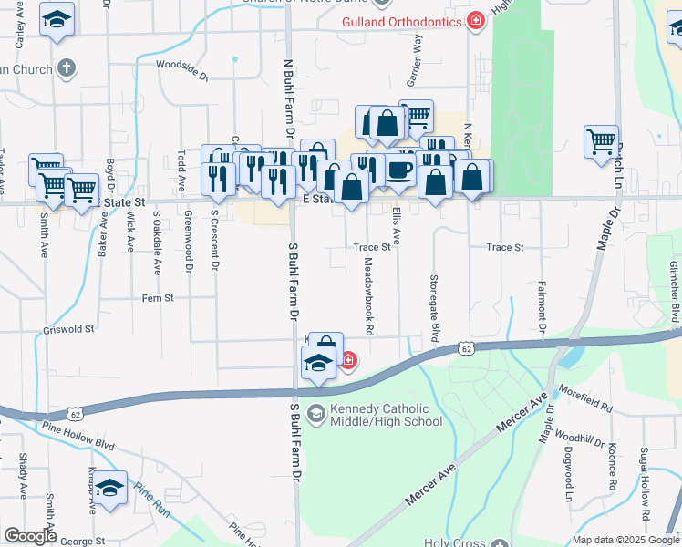 map of restaurants, bars, coffee shops, grocery stores, and more near 270 Concord Road in Hermitage