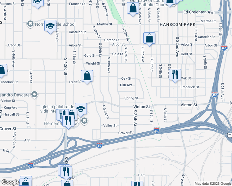 map of restaurants, bars, coffee shops, grocery stores, and more near 3118 South 38th Street in Omaha