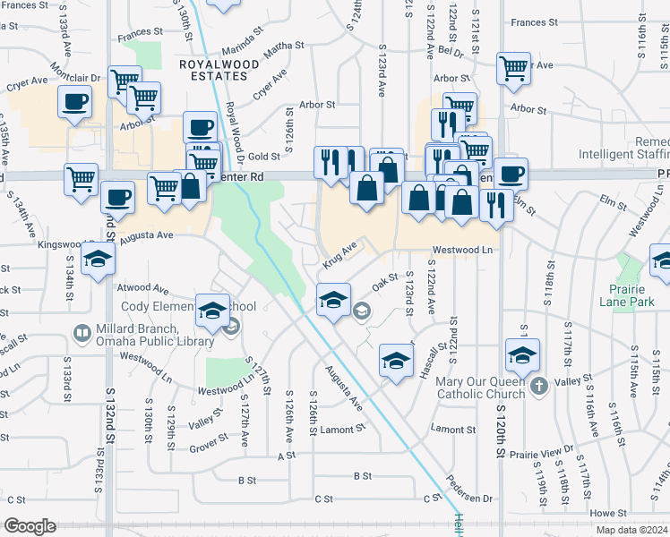 map of restaurants, bars, coffee shops, grocery stores, and more near 12434 Westwood Lane in Omaha