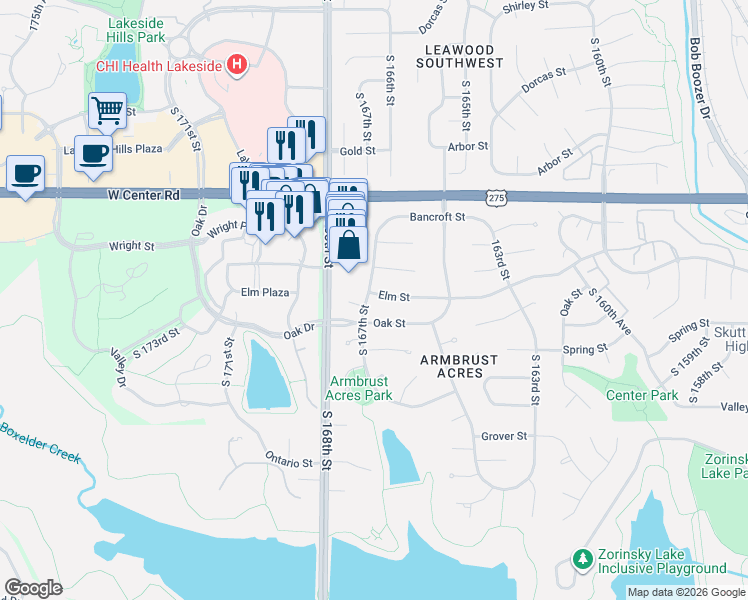 map of restaurants, bars, coffee shops, grocery stores, and more near 16705 Elm Circle in Omaha