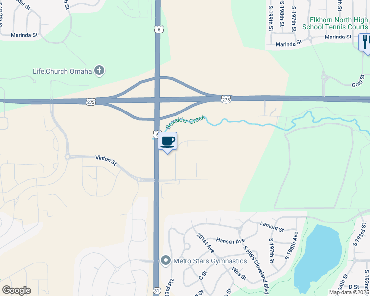 map of restaurants, bars, coffee shops, grocery stores, and more near 3020 South 202nd Street in Omaha