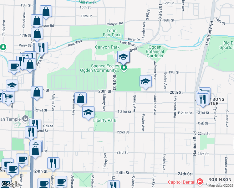 map of restaurants, bars, coffee shops, grocery stores, and more near 807 20th Street in Ogden