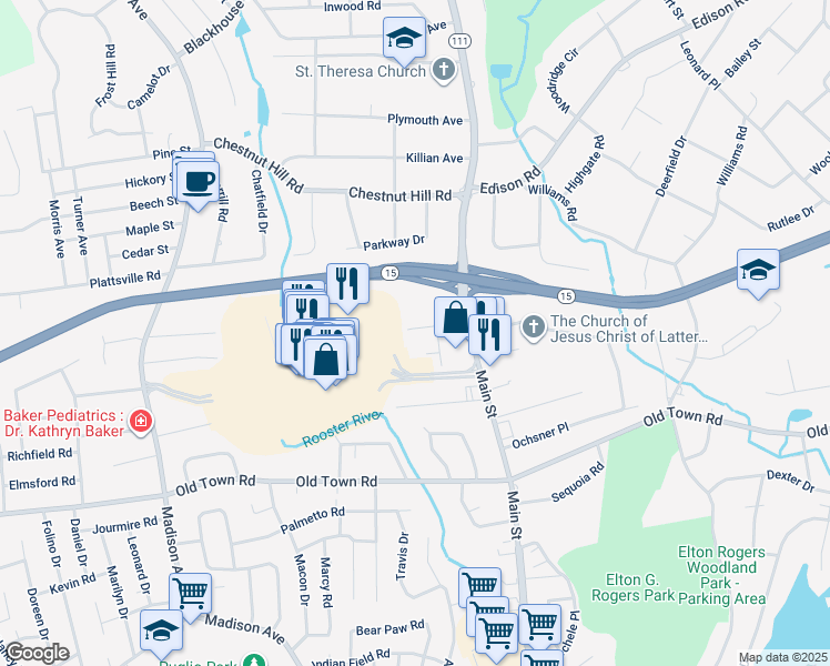 map of restaurants, bars, coffee shops, grocery stores, and more near 45 Whalburn Avenue in Trumbull